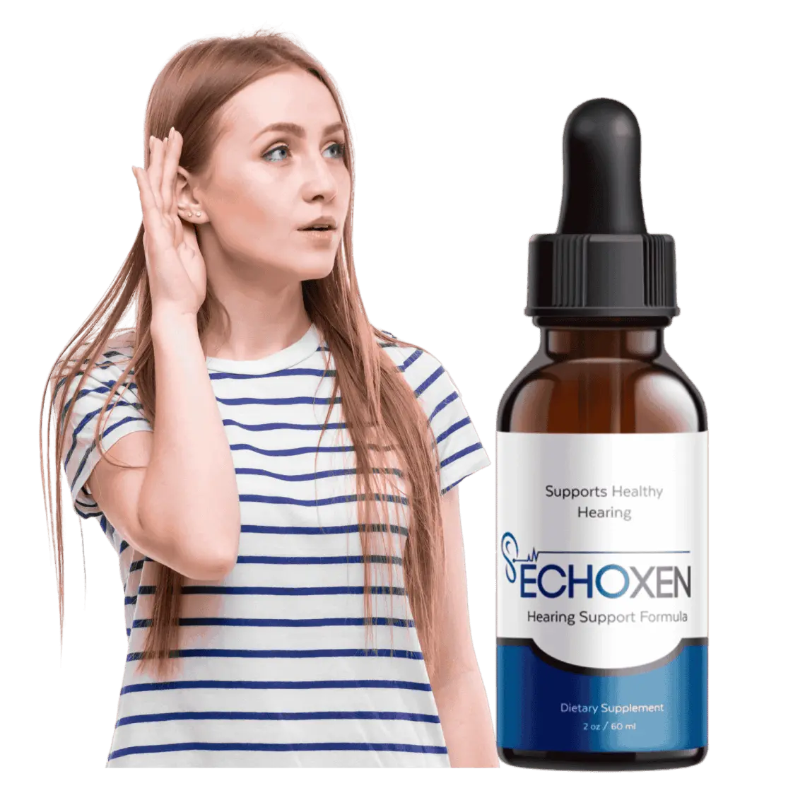Woman listening mindfully next to a bottle of EchoXen hearing support formula