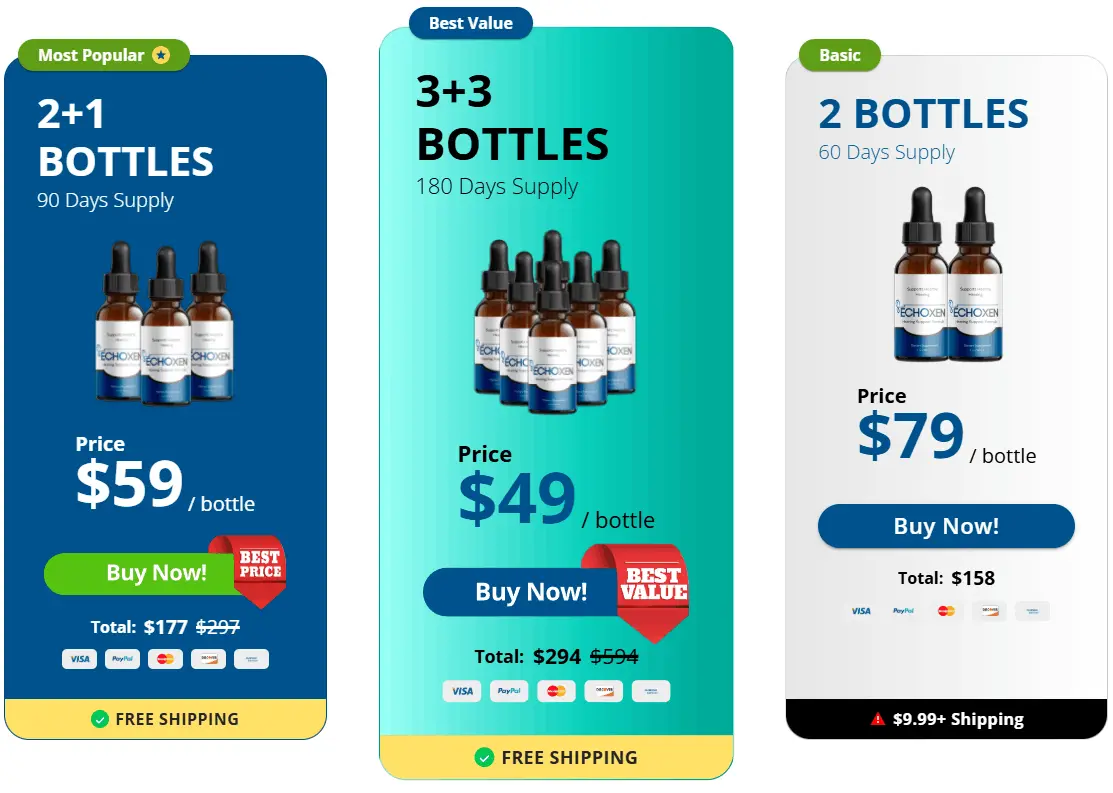 EchoXen bundle options: 2 bottles, 2 plus 1 bottles, and best-value 3 plus 3 bottles with free shipping