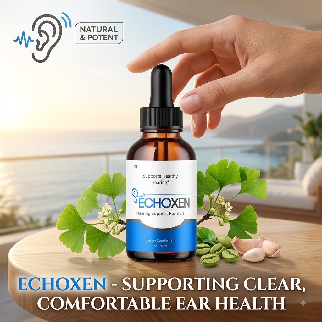 EchoXen dropper bottle surrounded by fresh ginkgo leaves and natural botanical ingredients