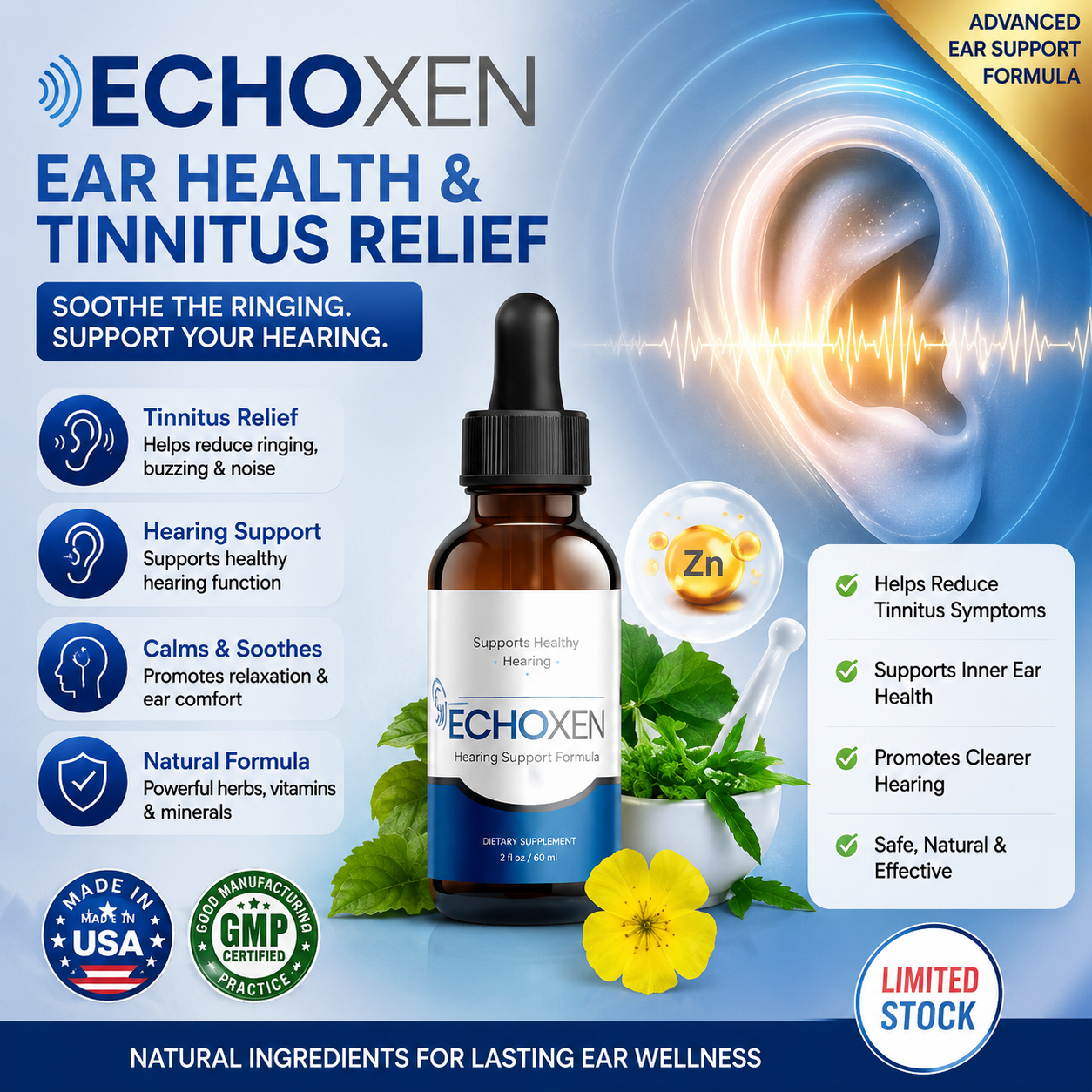 EchoXen ear health and tinnitus wellness visual with dropper bottle and sound-wave ear illustration