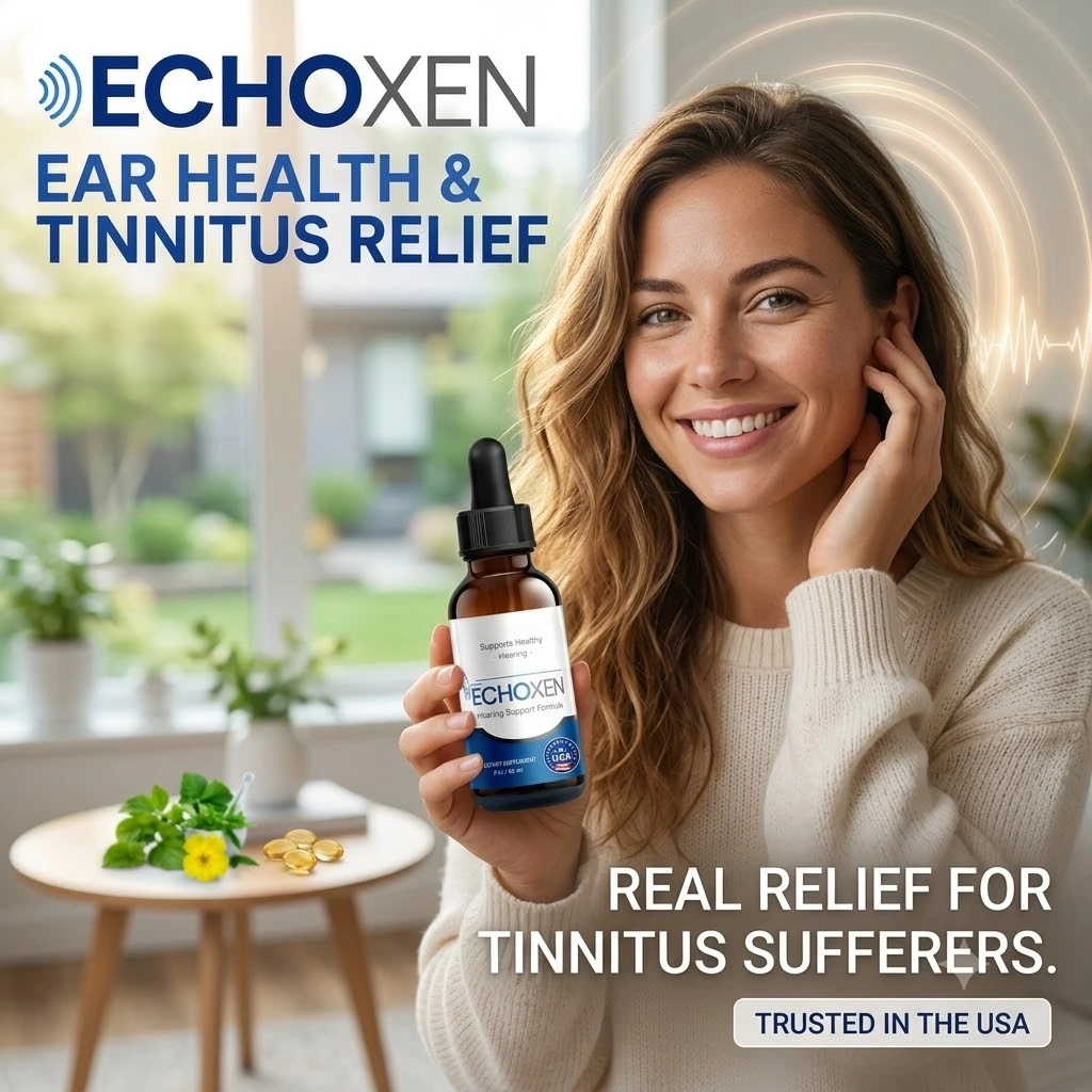 Smiling woman holding a bottle of EchoXen ear health supplement in a bright, calm living space